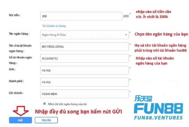 Điền thông tin rút tiền Fun88