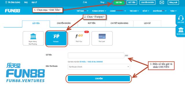 Gửi tiền vào Fun88 bằng Fastpay