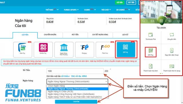 Nạp tiền vào Fun88 bằng QRPay